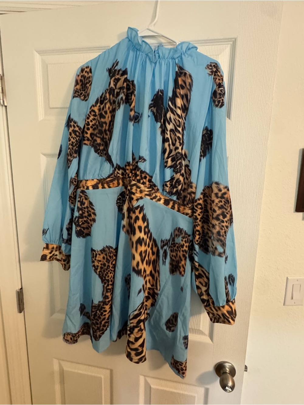 Light Blue Long Sleeve Leopard Print Dress
